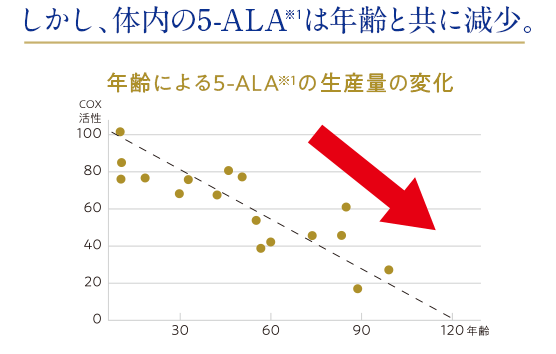 しかし、体内の5-ALA※1は年齢と共に減少。