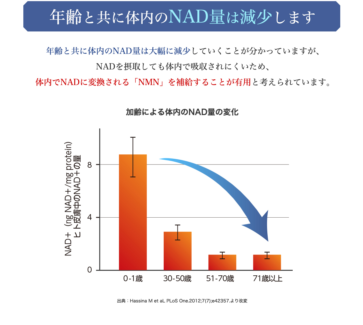 年齢と共に体内のNAD量は減少します