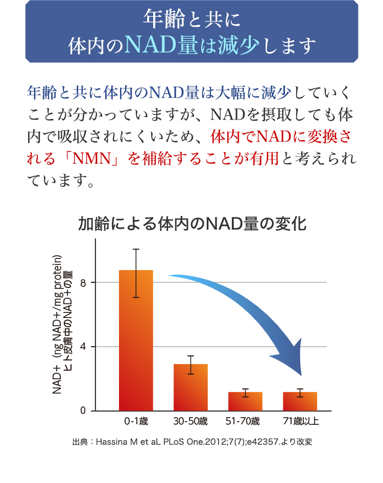 年齢と共に体内のNAD量は減少します