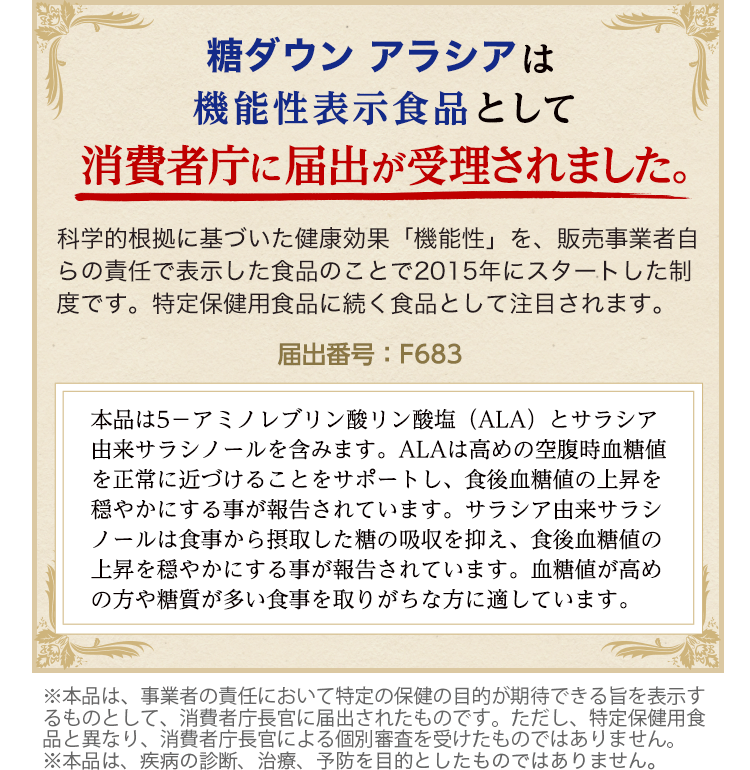 糖ダウン アラシアは機能性表示食品として消費者庁に届出が受理されました。