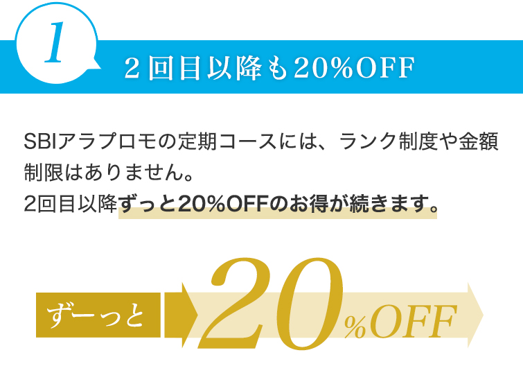 1 ２回目以降も20%OFF SBIアラプロモの定期コースには、ランク制度や金額制限はありません。２回目以降ずっと20%OFFのお得が続きます。