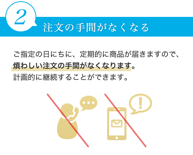 2 注文の手間がなくなる　ご指定の日にちに、定期的に商品が届きますので、煩わしい注文の手間がなくなります。計画的に継続することができます